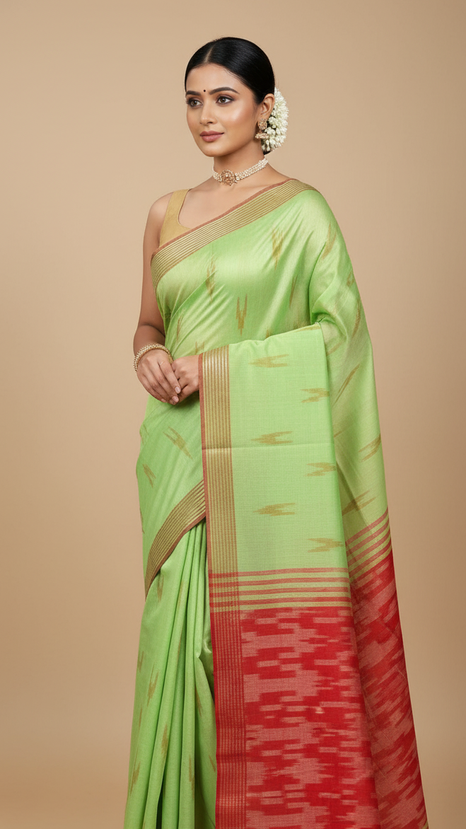 Parrot Green - Red Ikkat Linen Cotton Saree