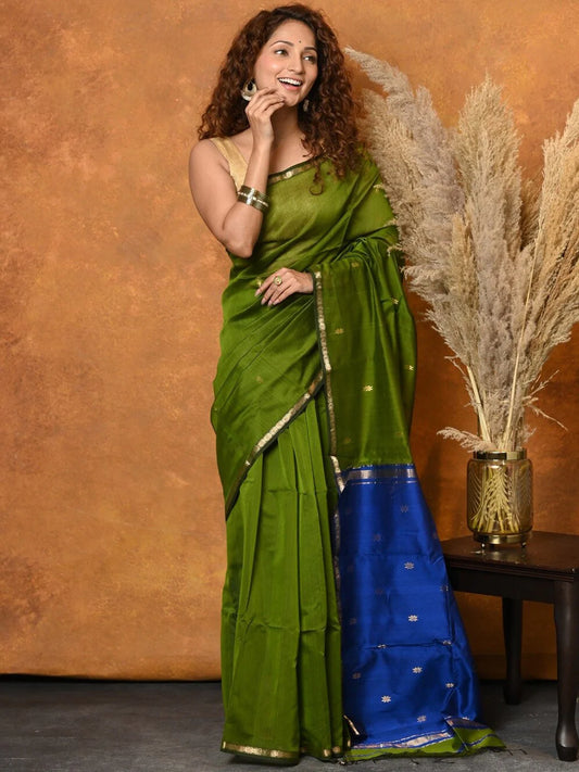 Light Green and Blue - Silk cotton Handloom Saree