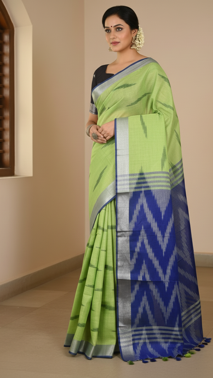 Parrot Green - Blue Ikkat Linen Cotton Saree