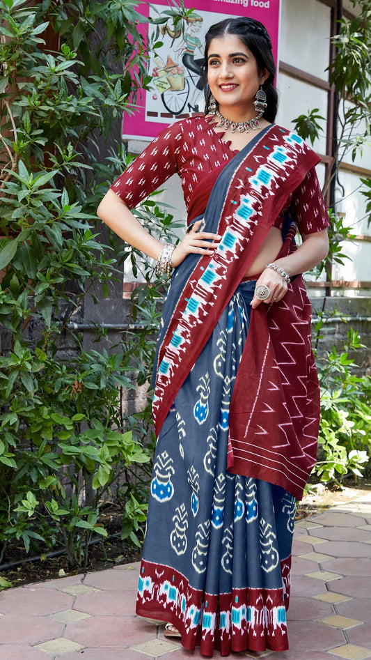 Grey Jaipuri Printed Mul Cotton Saree