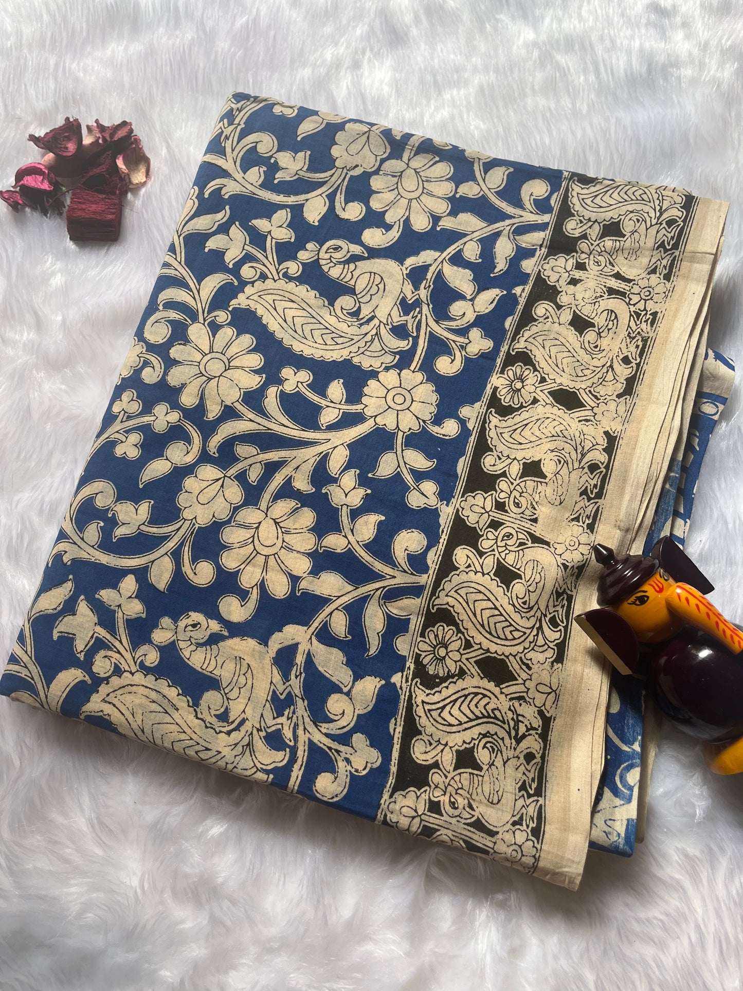 Kalamkari cotton saree Blue and Black beige with allover prints and printed border