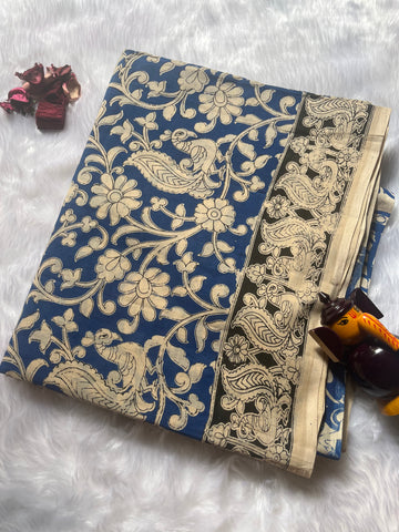 Kalamkari cotton saree Blue and Black beige with allover prints and printed border