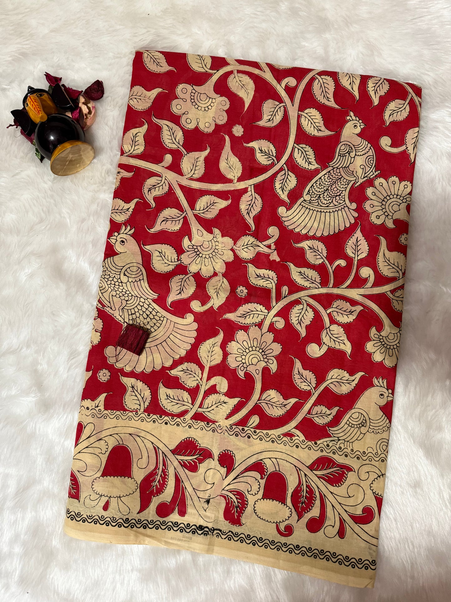 Kalamkari cotton saree Red and beige with allover prints and printed border