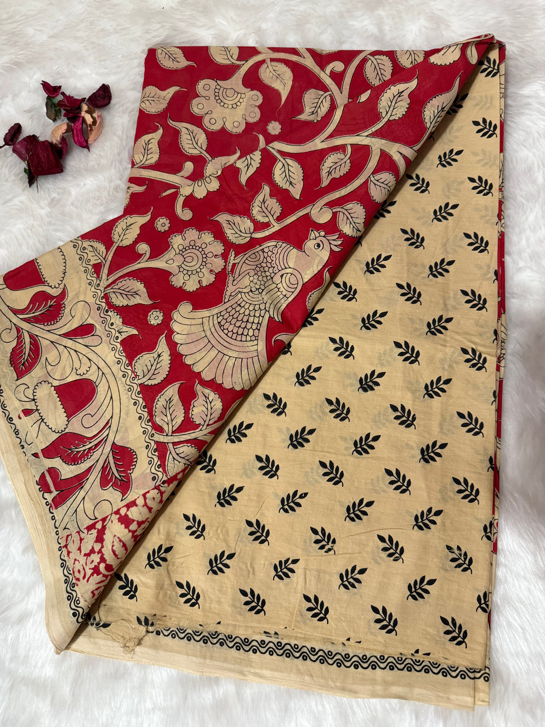 Kalamkari cotton saree Red and beige with allover prints and printed border
