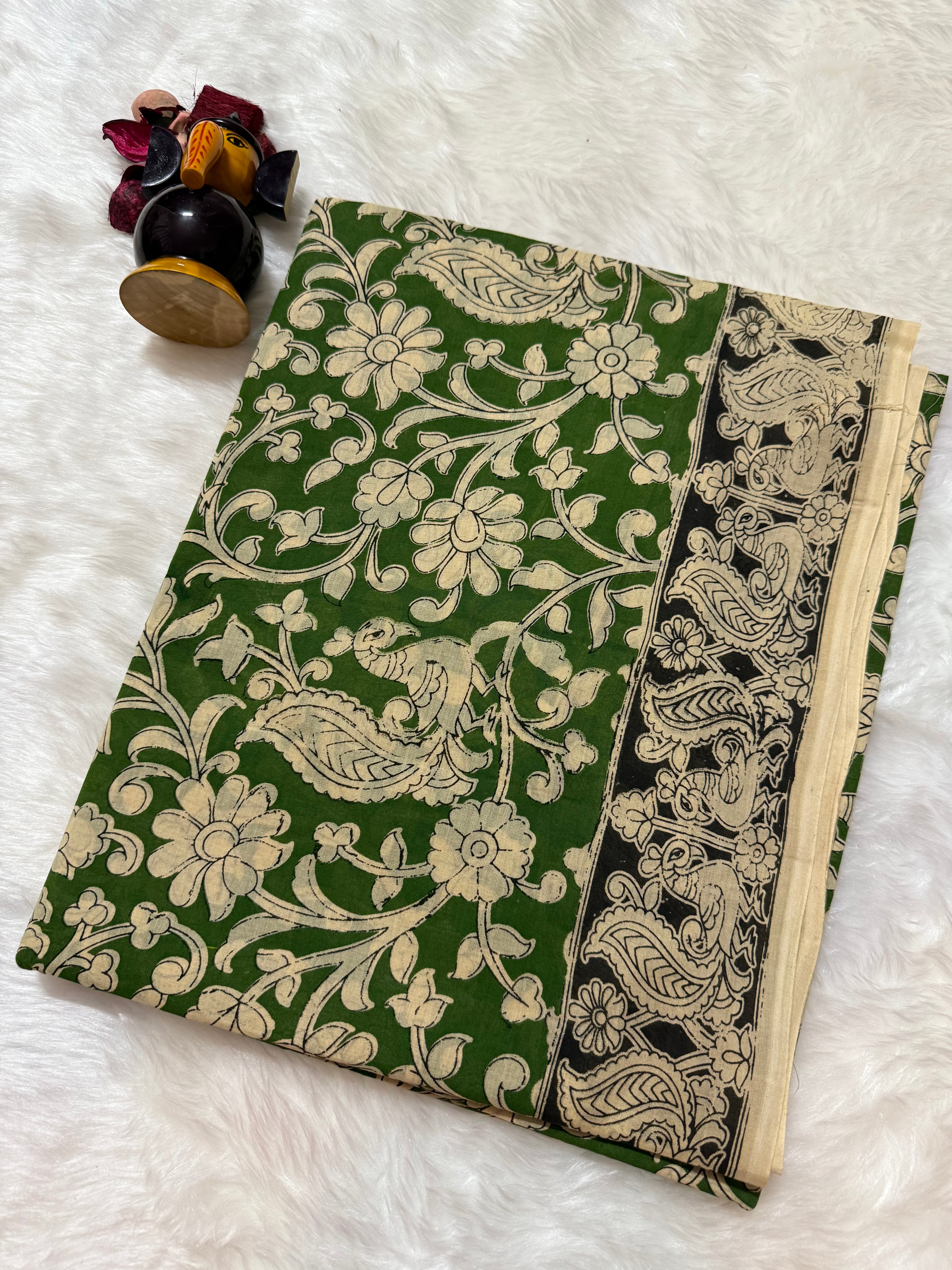 Kalamkari cotton saree Green and Black beige with allover prints and printed border