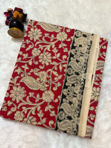 Kalamkari cotton saree Red and Black beige with allover prints and printed border