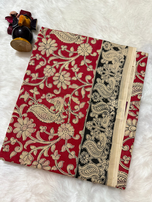 Kalamkari cotton saree Red and Black beige with allover prints and printed border