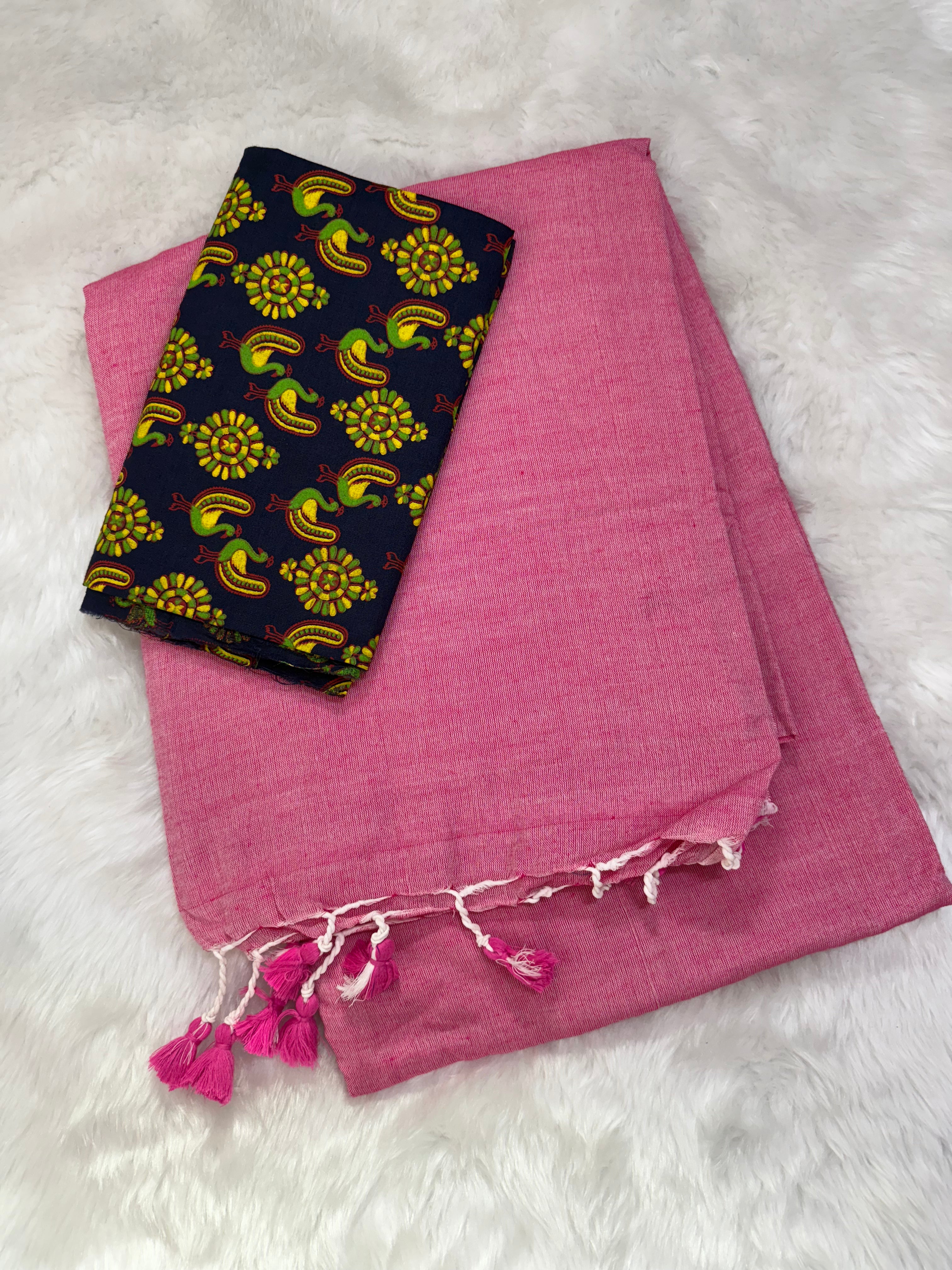 Baby Pink cotton Handloom saree with Blue printed blouse