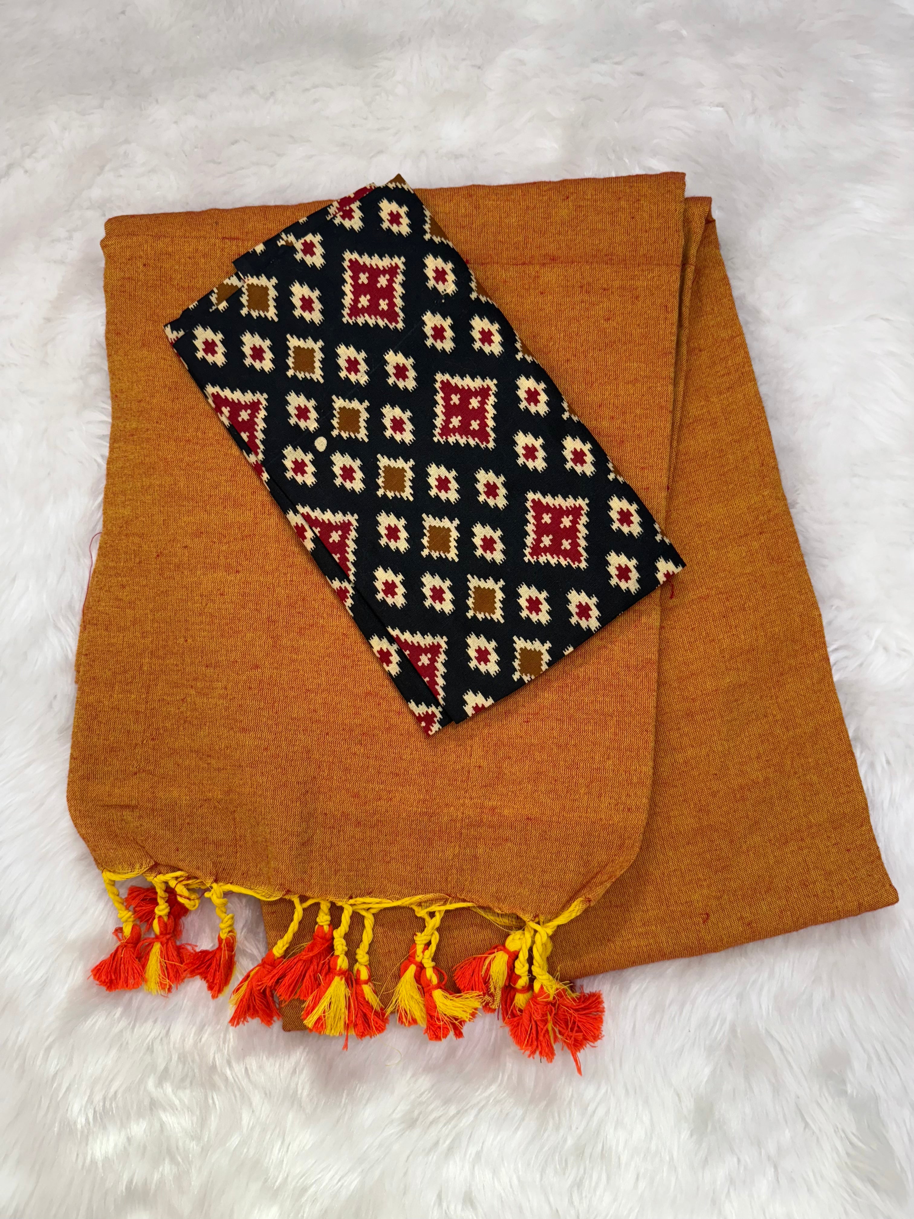 Mustard Yellow cotton Handloom saree with Black printed blouse