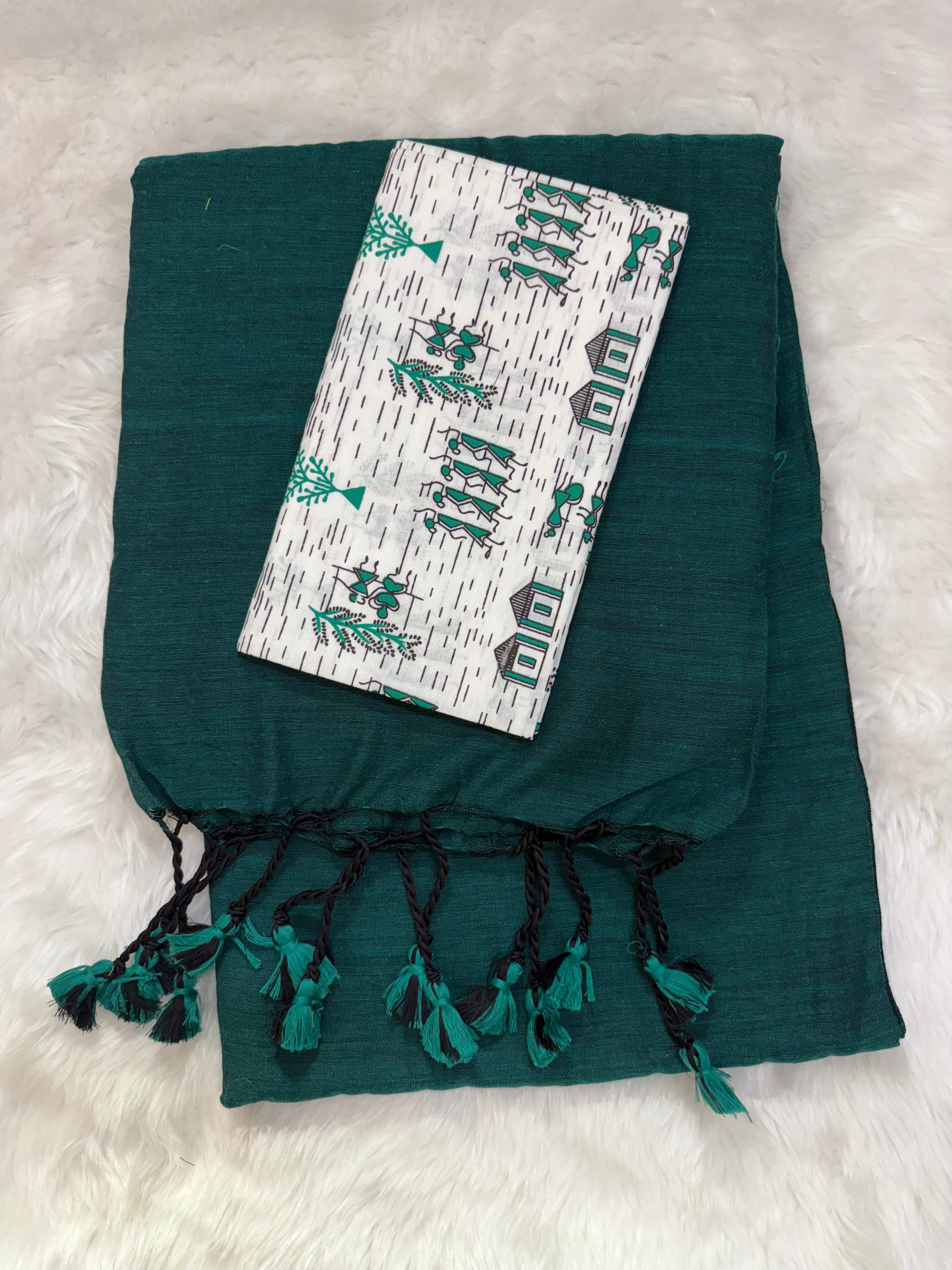 Teal Blue cotton Handloom saree with White printed blouse