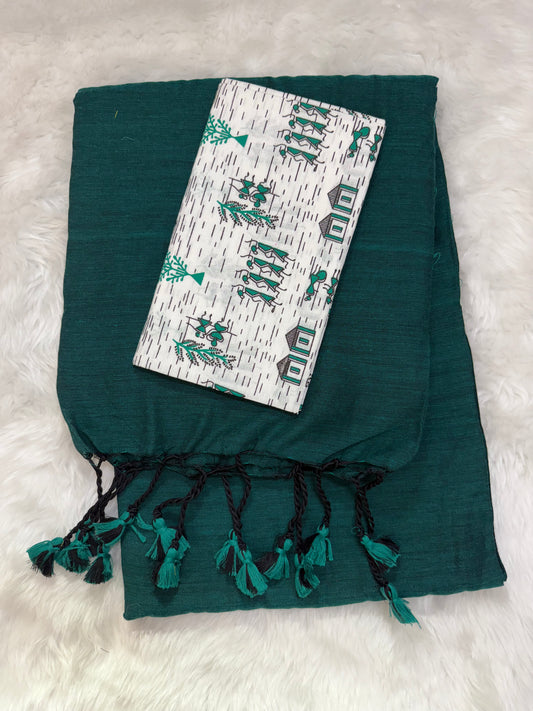 Teal Blue - Khadi Combo Saree