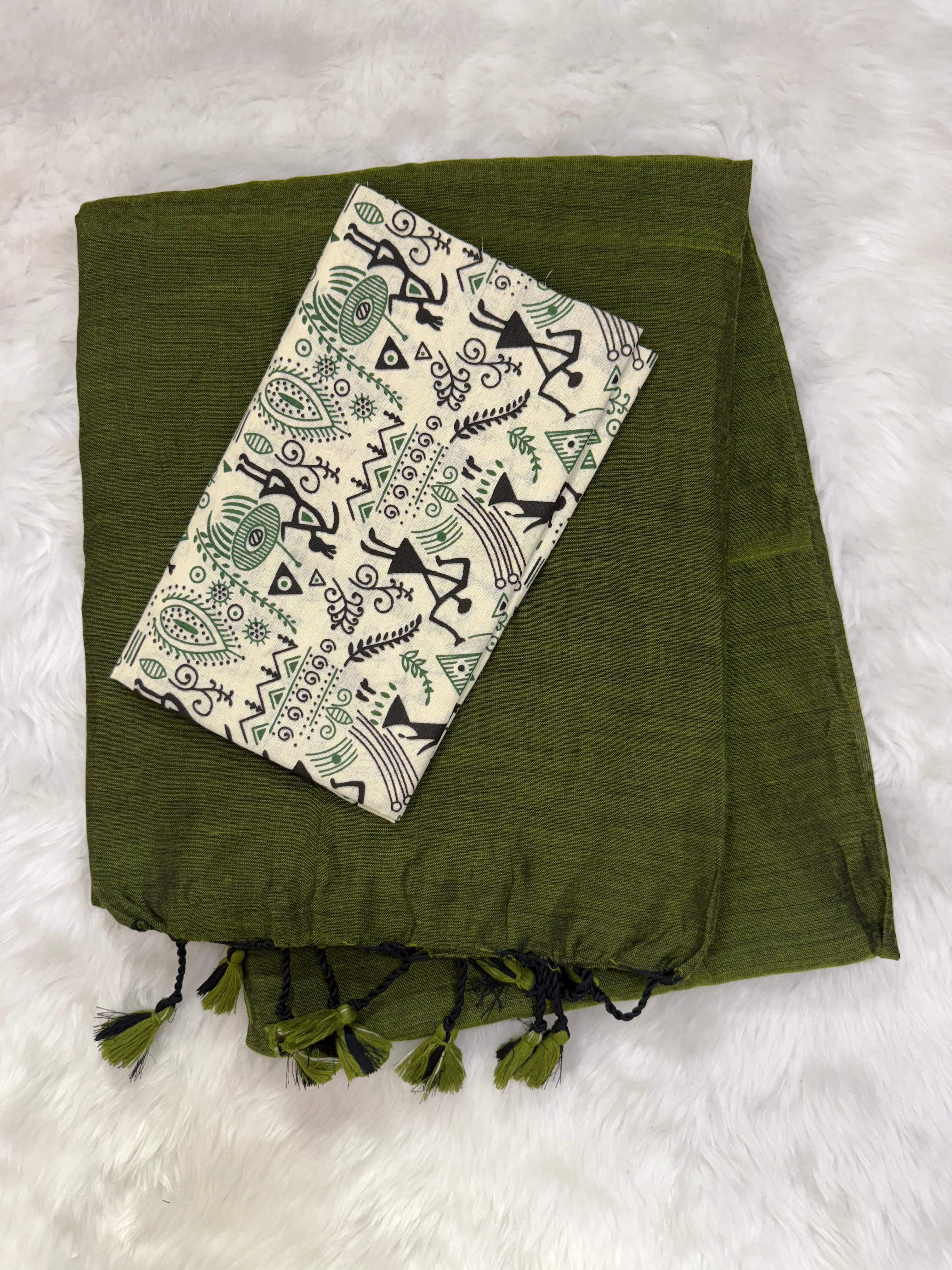 Olive Green cotton Handloom saree with White printed blouse