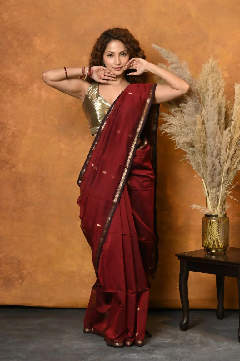 Maroon - Silk Cotton Handloom Saree