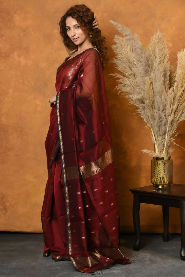 Maroon - Silk Cotton Handloom Saree