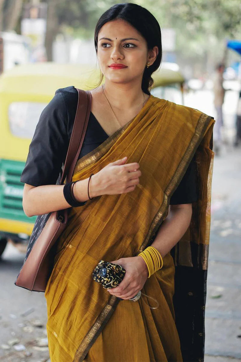 Mustard Ochre and black - Silk cotton Handloom Saree