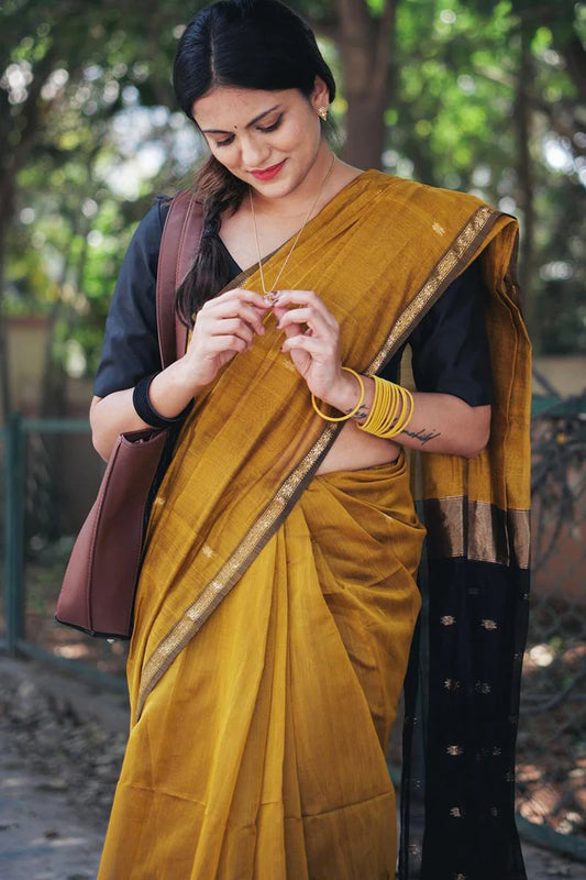 Mustard Ochre and black - Silk cotton Handloom Saree