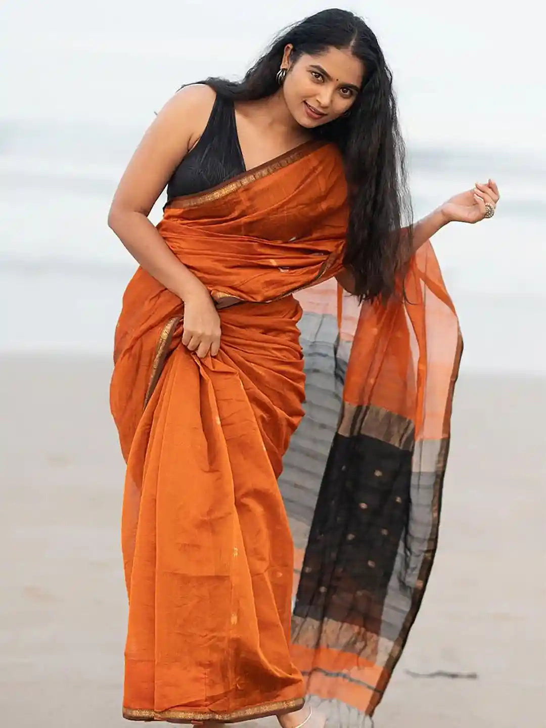 Orange and black - Silk cotton Handloom saree