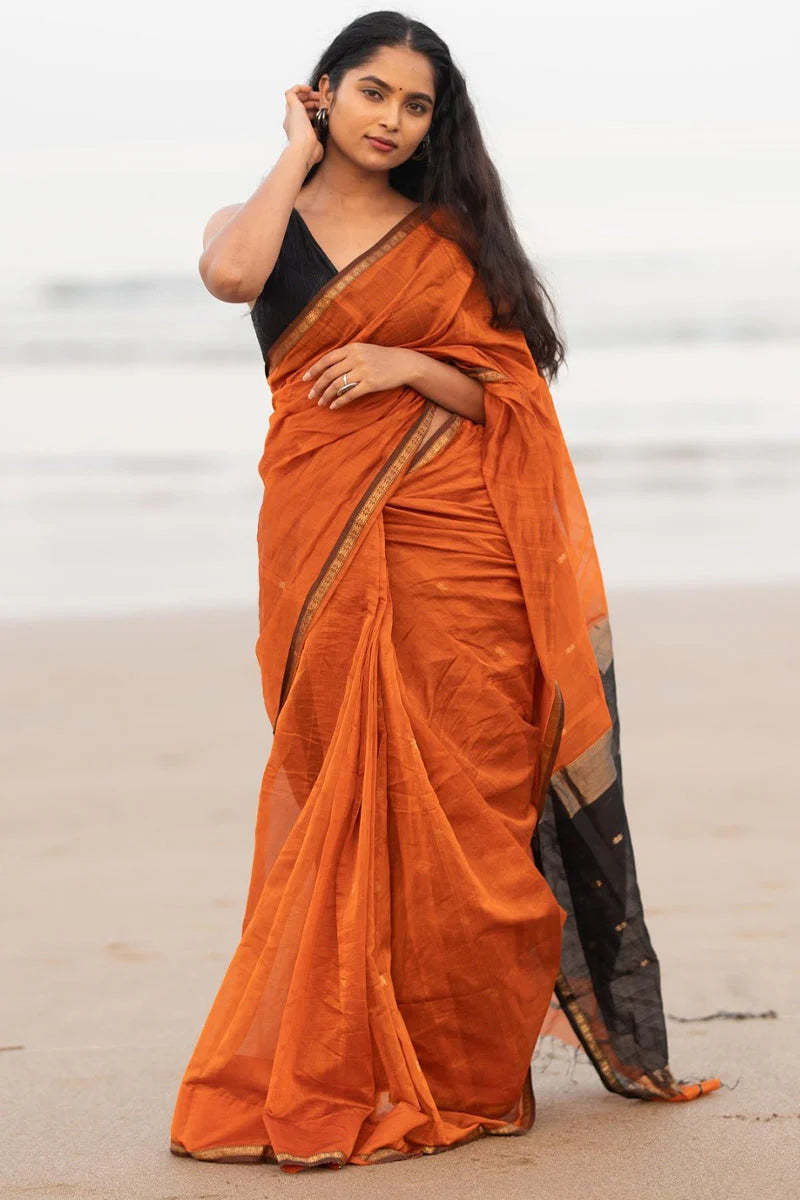 Orange and black - Silk cotton Handloom saree