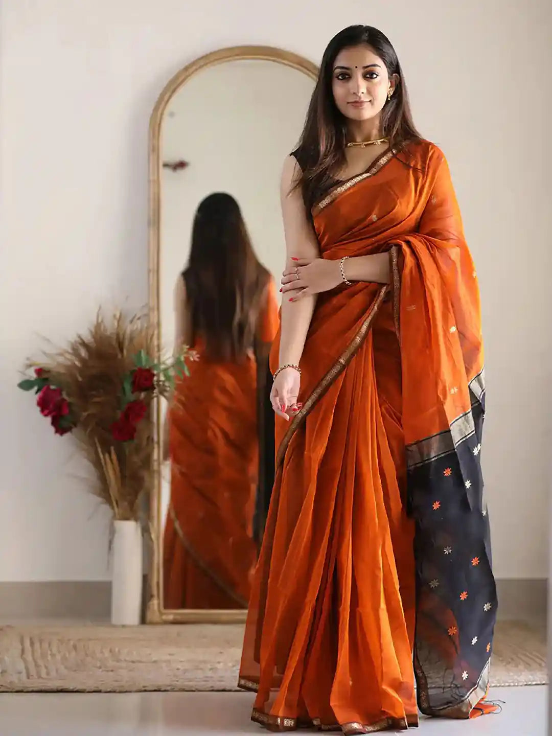 Orange - Silk cotton Handloom saree