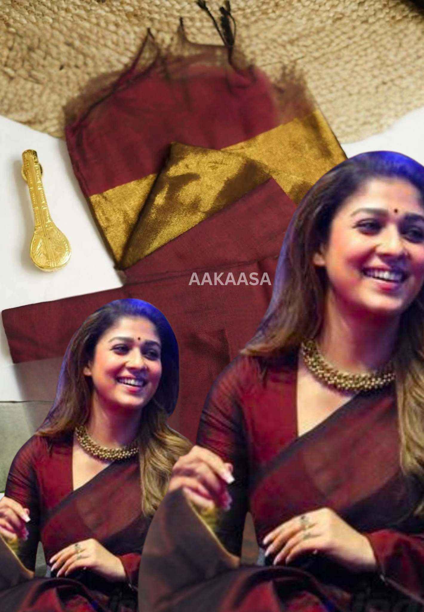 Nayanthara award saree - Maroon Khadi saree with gold tissue zari pallu