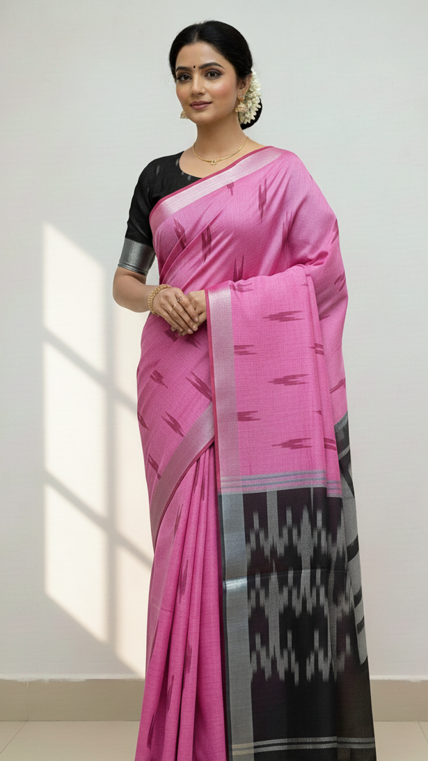 Pinkish Purple - Black Ikkat Linen Cotton Saree