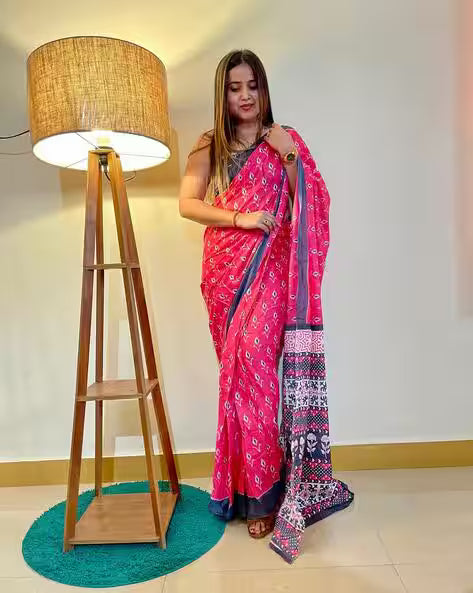 Dark Pink Jaipuri Printed Mul Cotton Saree