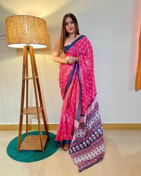 Dark Pink Jaipuri Printed Mul Cotton Saree