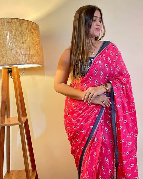 Dark Pink Jaipuri Printed Mul Cotton Saree