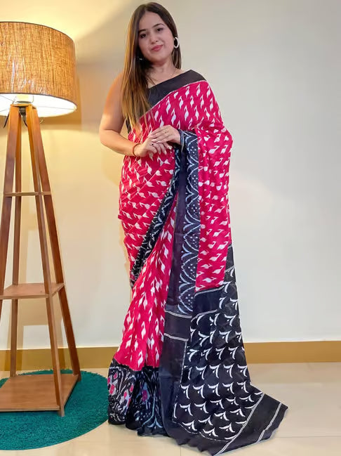 Rani Pink Jaipuri Printed Mul Cotton Saree