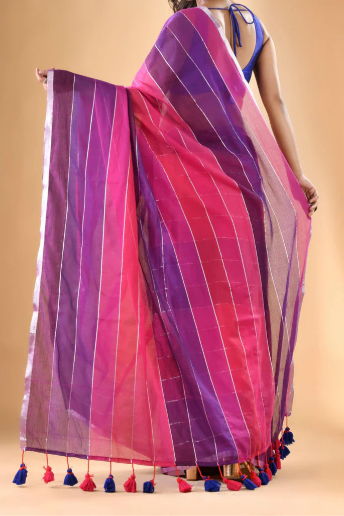 Rainbow Mul Cotton Saree (Purple + Pink)