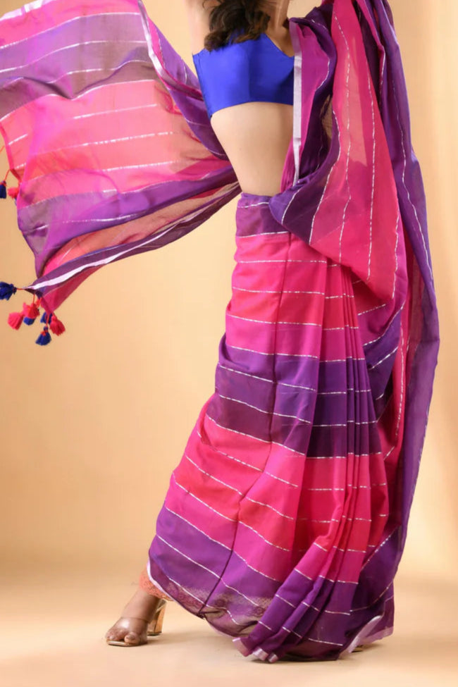 Rainbow Mul Cotton Saree (Purple + Pink)