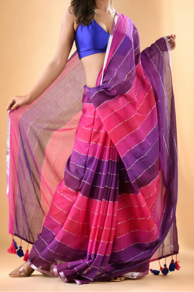 Rainbow Mul Cotton Saree (Purple + Pink)