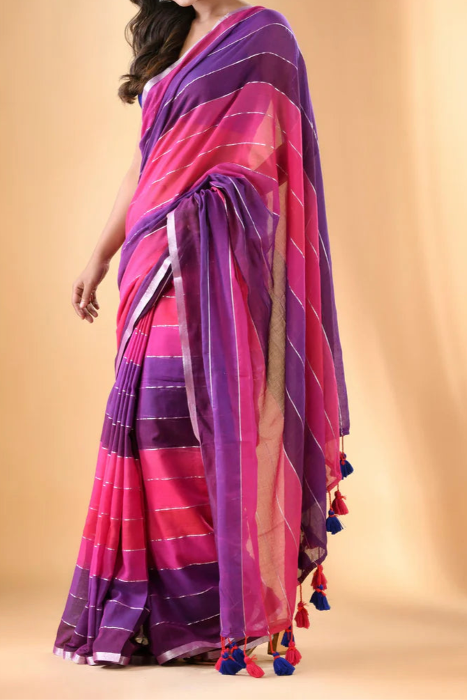 Rainbow Mul Cotton Saree (Purple + Pink)