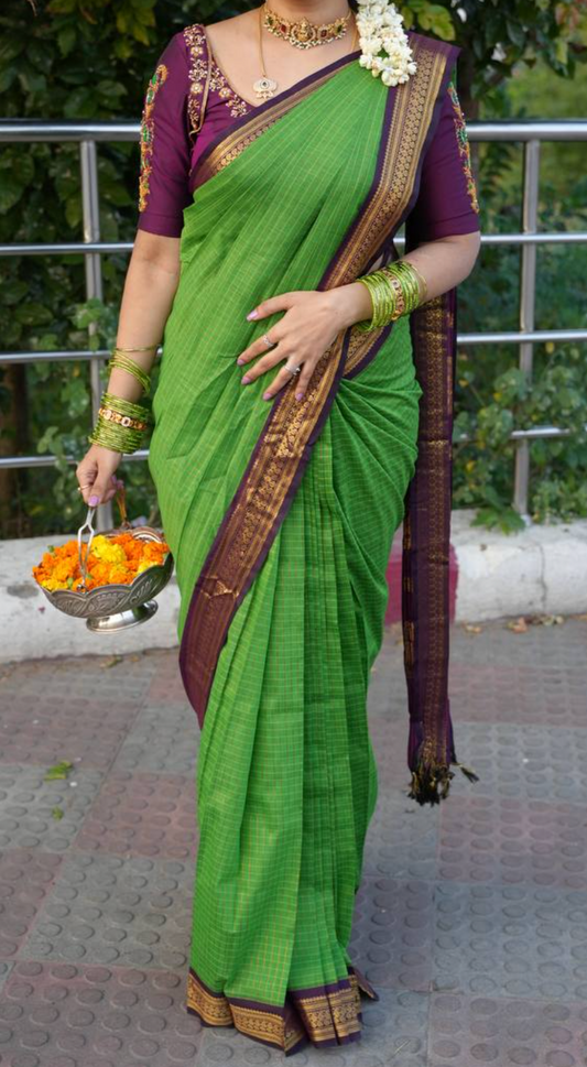 Parrot Green body with Deep Purple pallu and golden checks - Kalyani Silk Cotton Saree