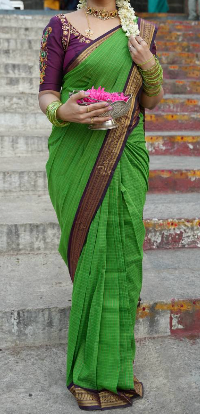 Parrot Green body with Deep Purple pallu and golden checks - Kalyani Silk Cotton Saree