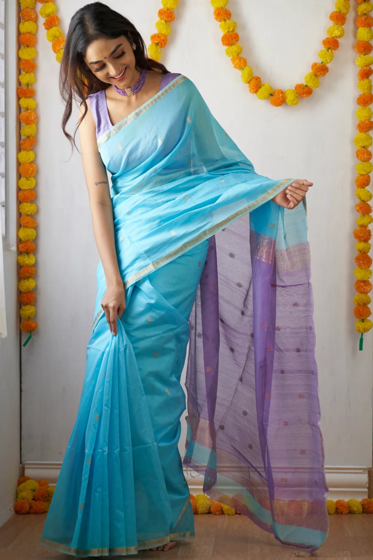 Sky Blue and Lavender - Silk cotton saree