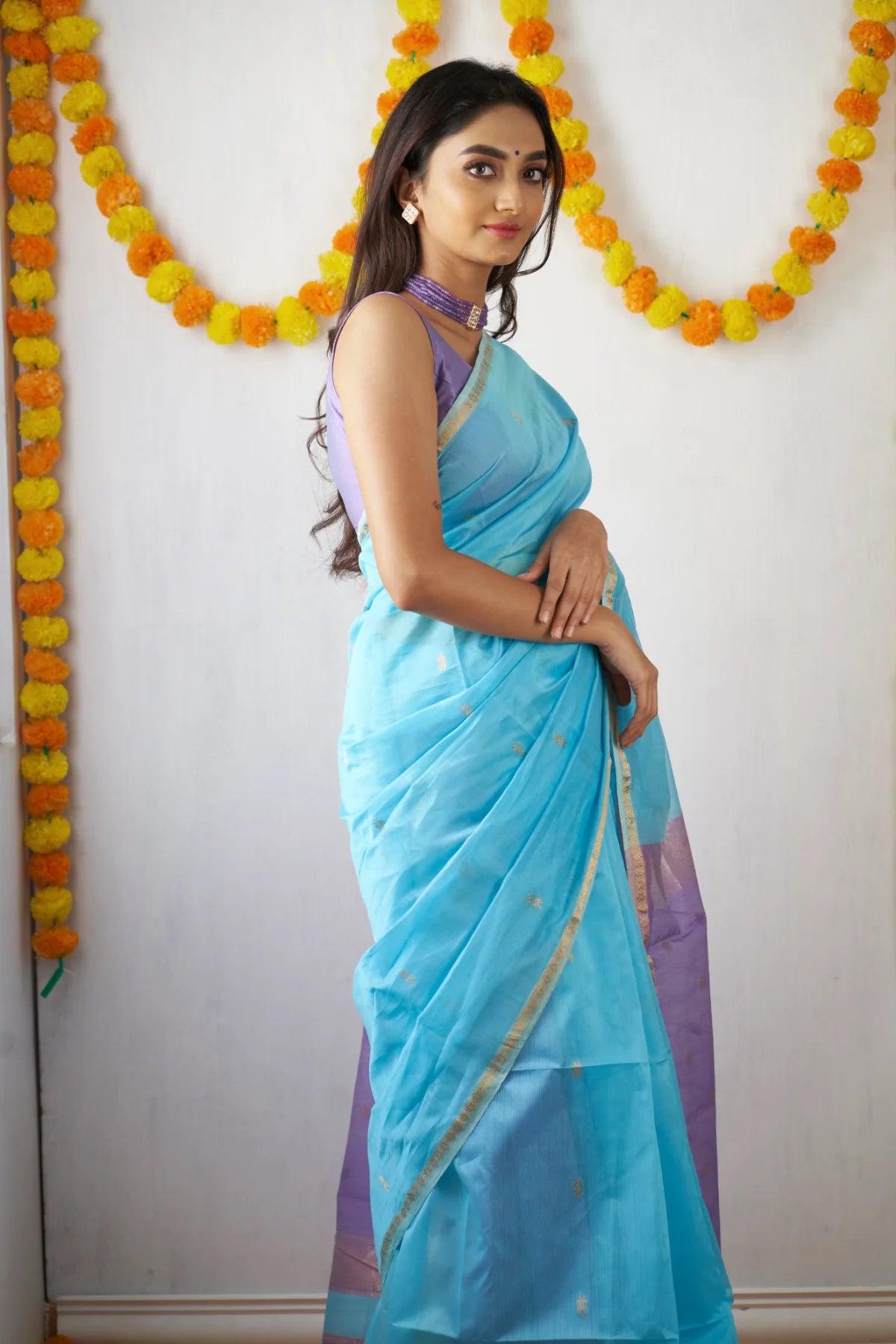 Sky Blue and Lavender - Silk cotton saree