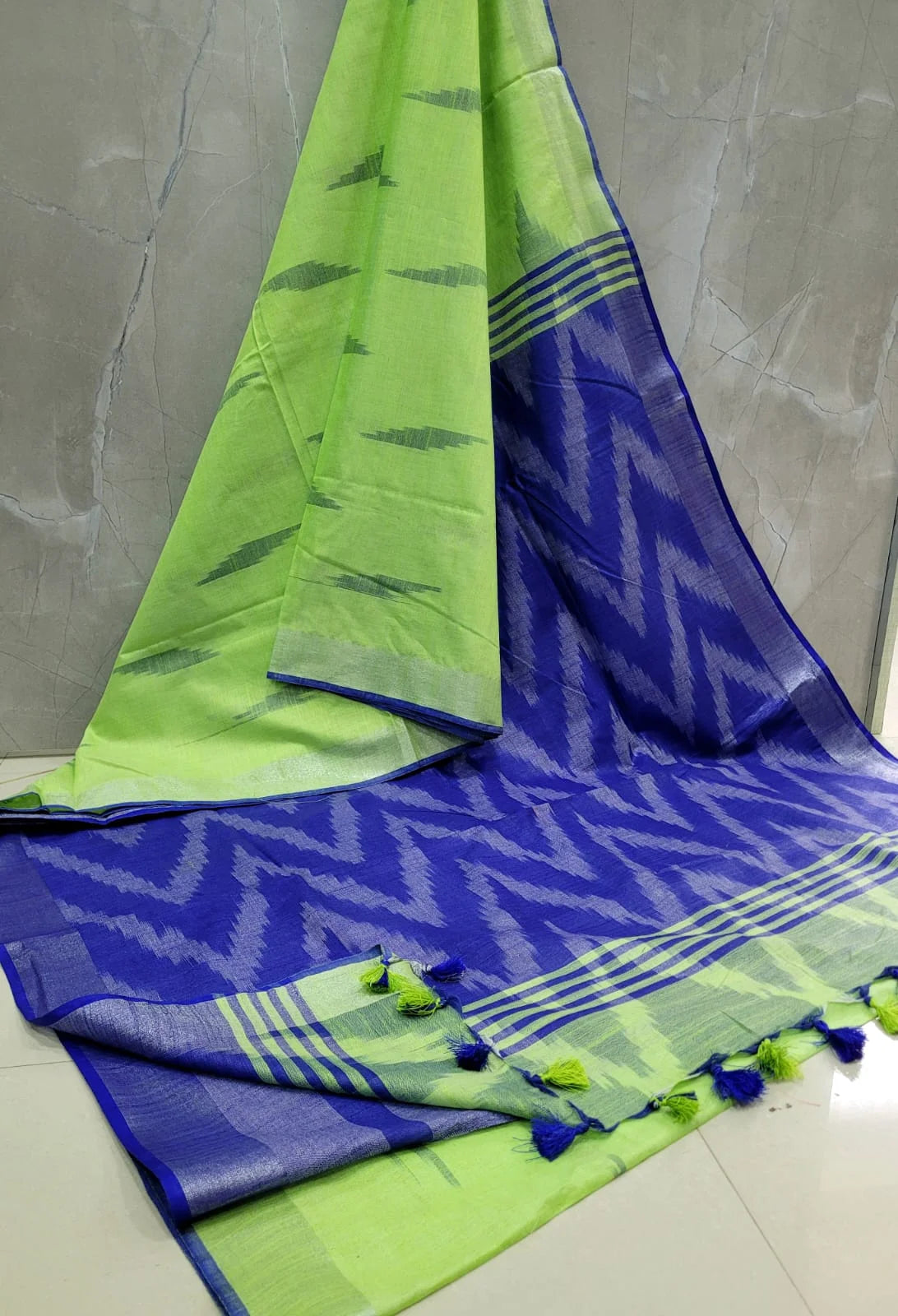 Parrot Green - Blue Ikkat Linen Cotton Saree