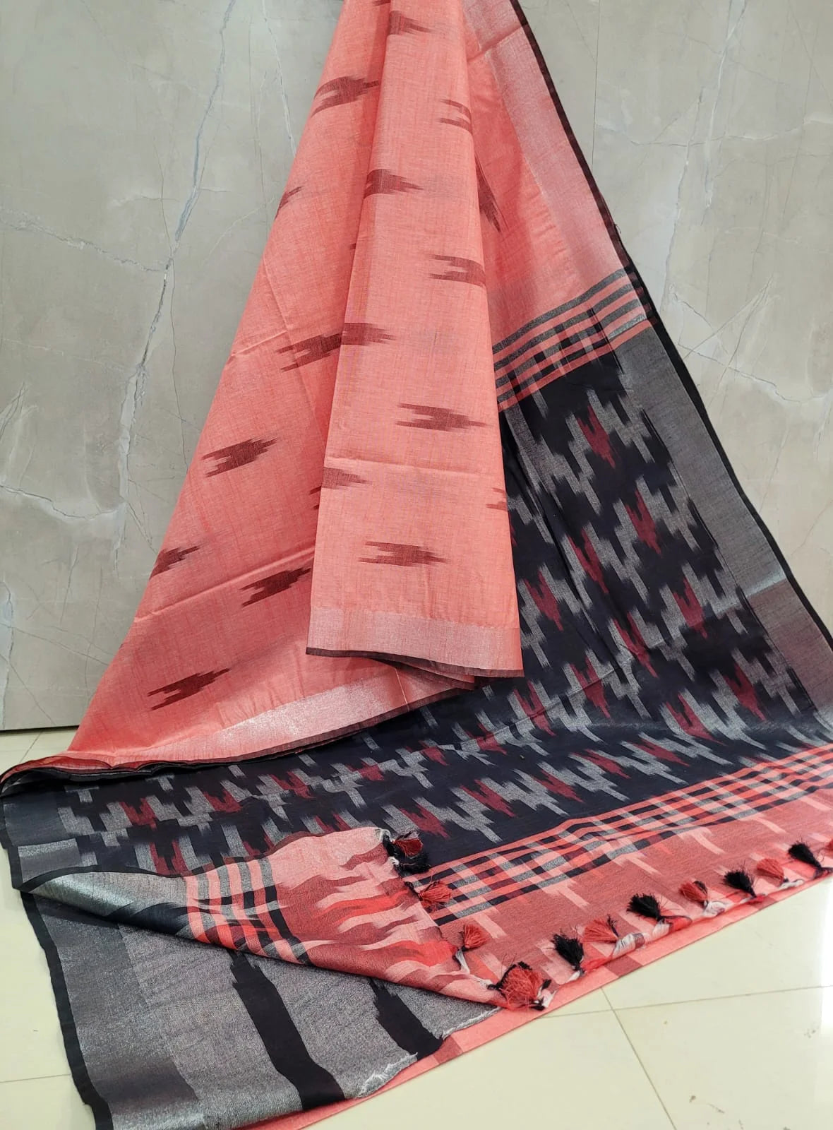 Peach - Black Ikkat Linen Cotton Saree