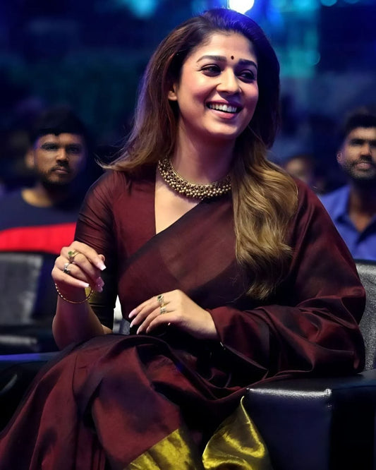 Nayanthara award saree - Maroon Khadi saree with gold tissue zari pallu