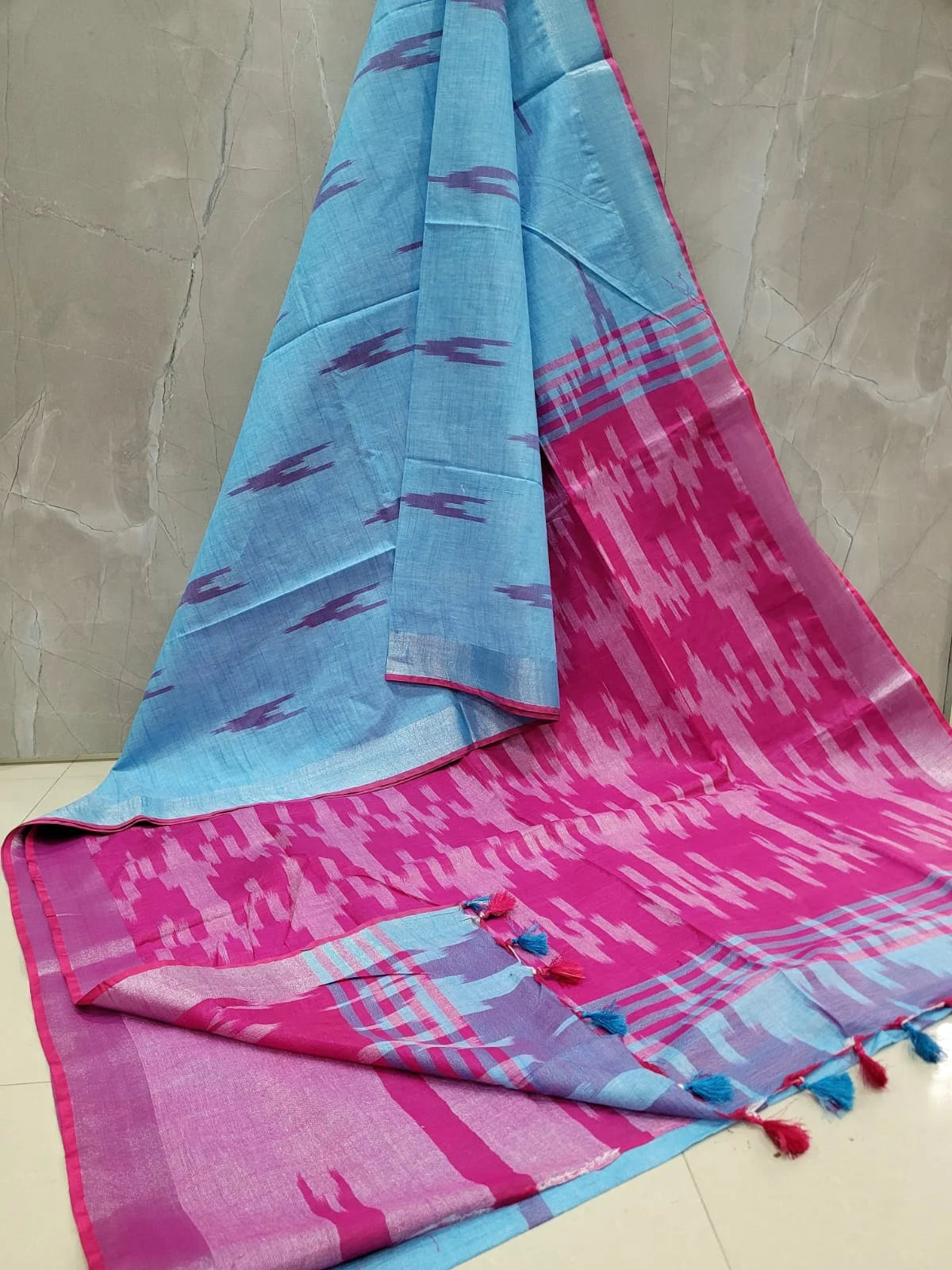 Sky Blue - Pink Ikkat Linen Cotton Saree