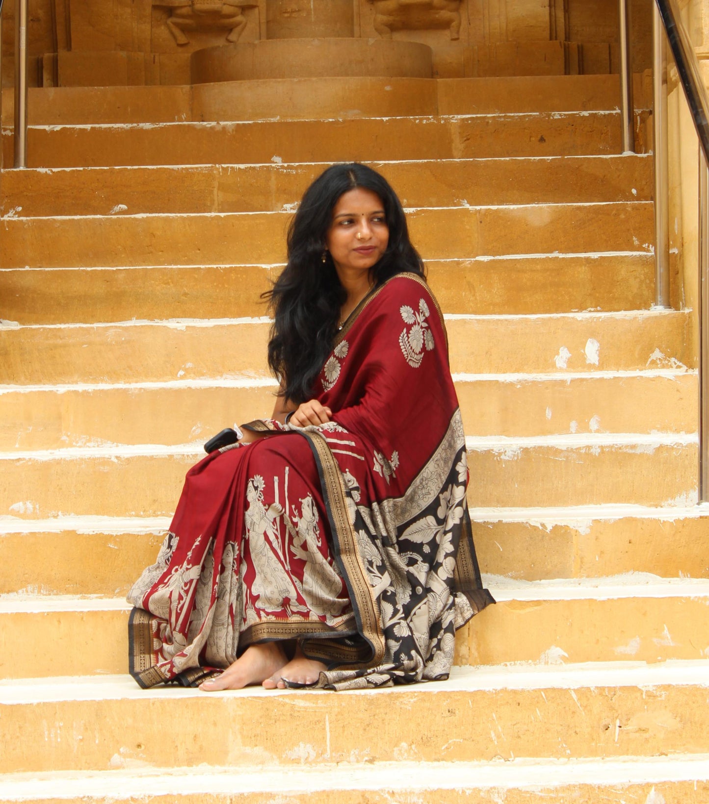 Maroon Traditional Kalamkari Silk Nizam Border Saree