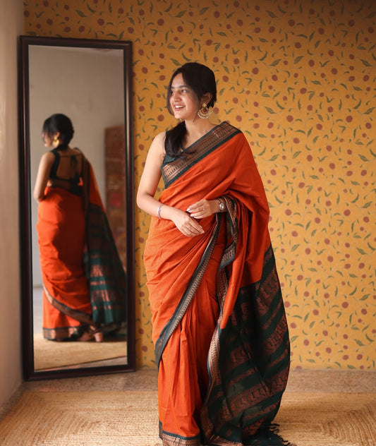 Burnt Orange body with Bottle Green pallu - Kalyani Silk Cotton Saree
