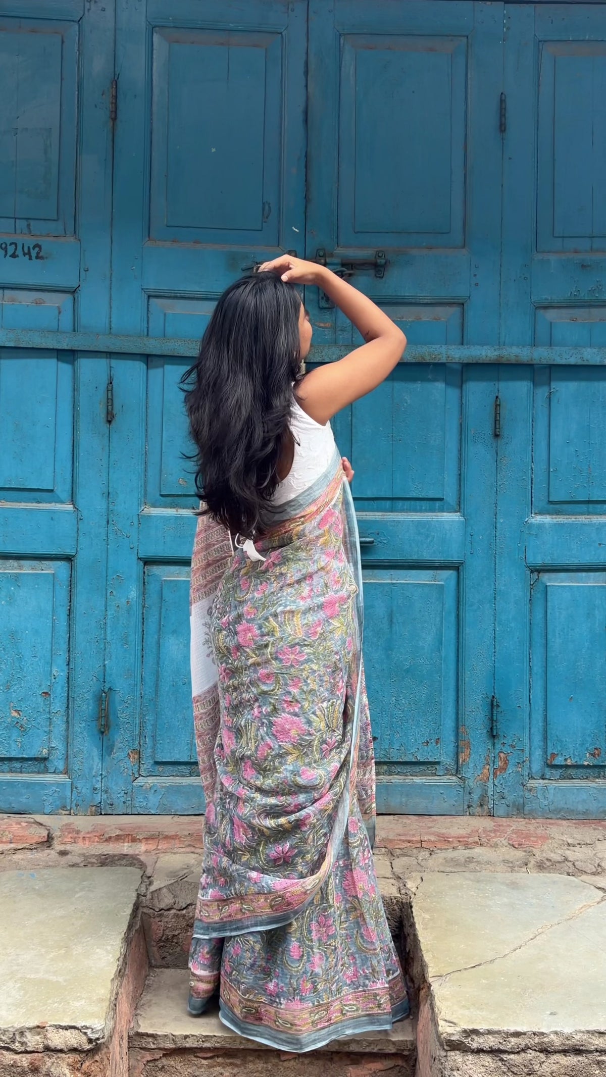 Grey | Sanganeri Hand Block Kota Doria Saree