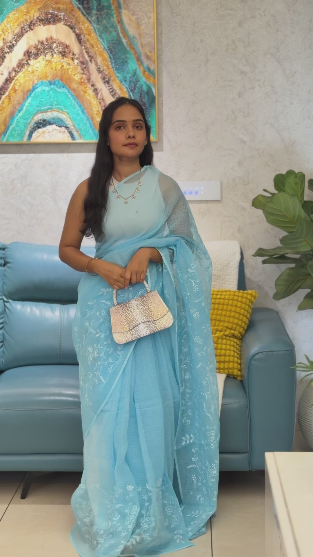 Powder Blue | Embroidered Kota Doria Saree