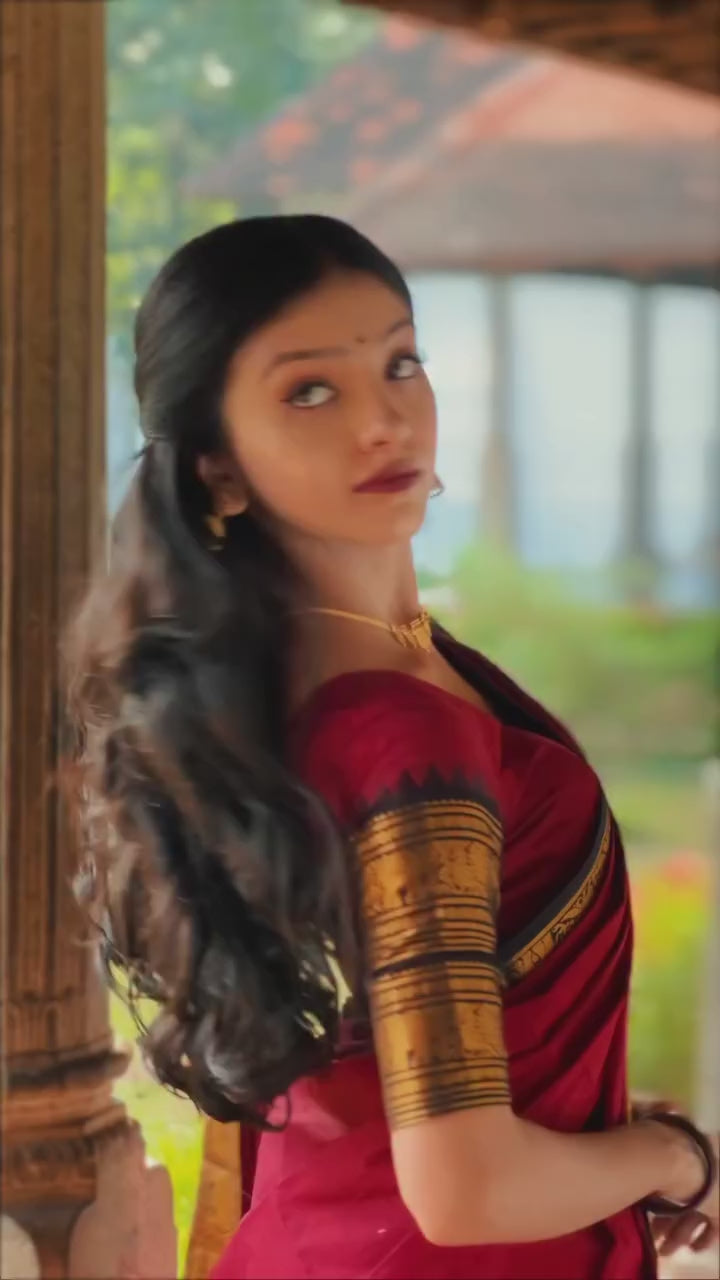 Maroon with Black Vintage Kanchi Cotton Saree