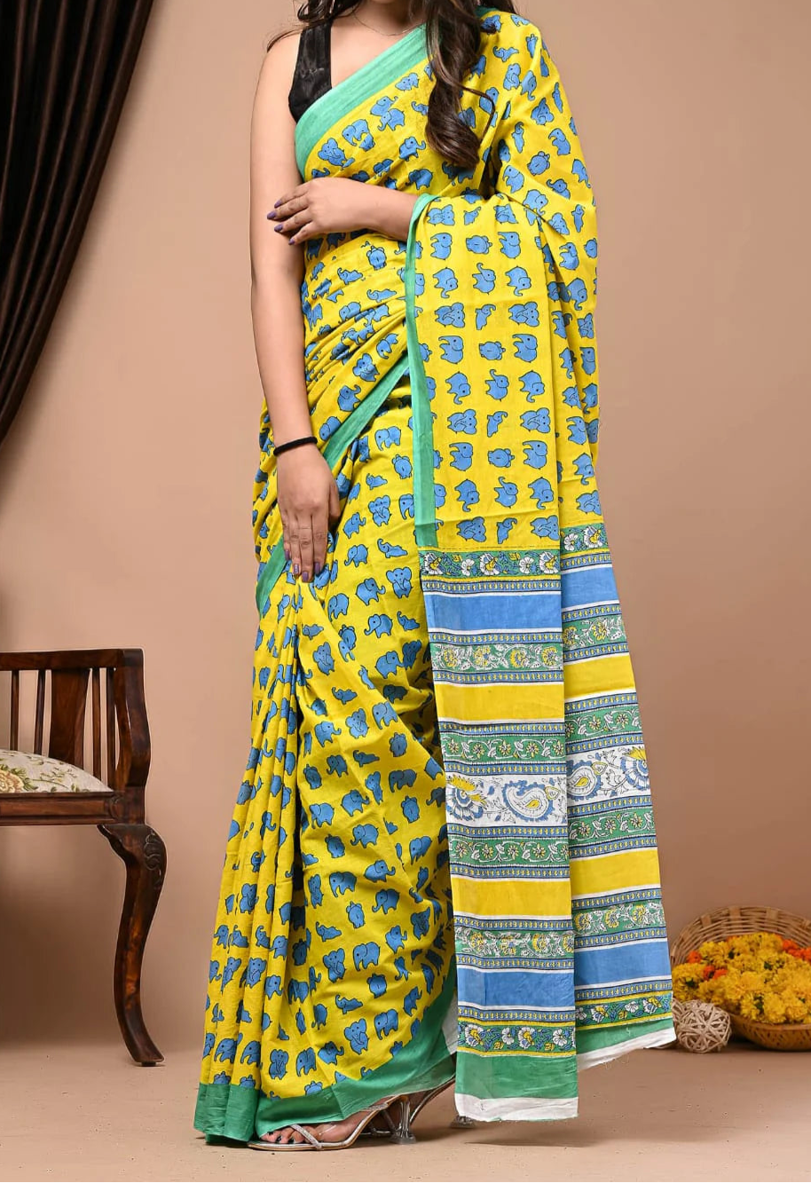 Quirky yellow Handblock Elephant Mul Cotton Saree