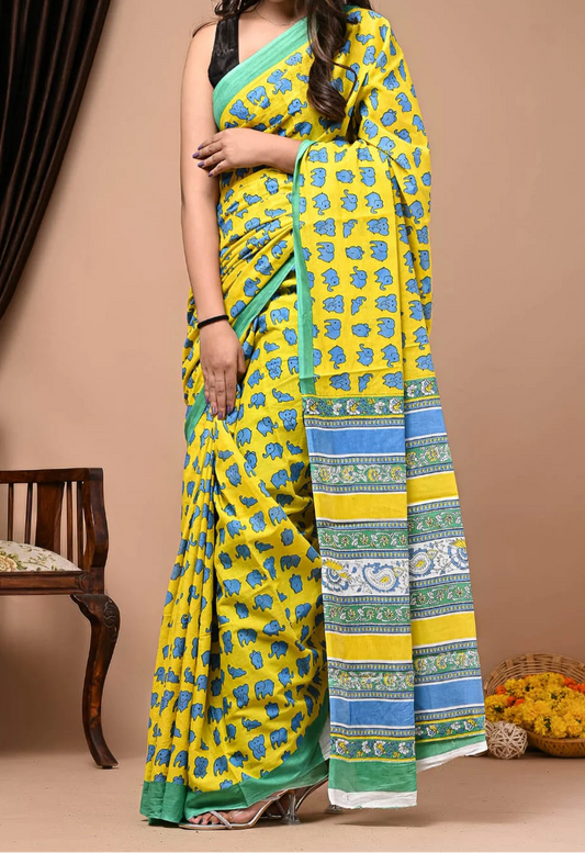 Quirky yellow Handblock Elephant Mul Cotton Saree